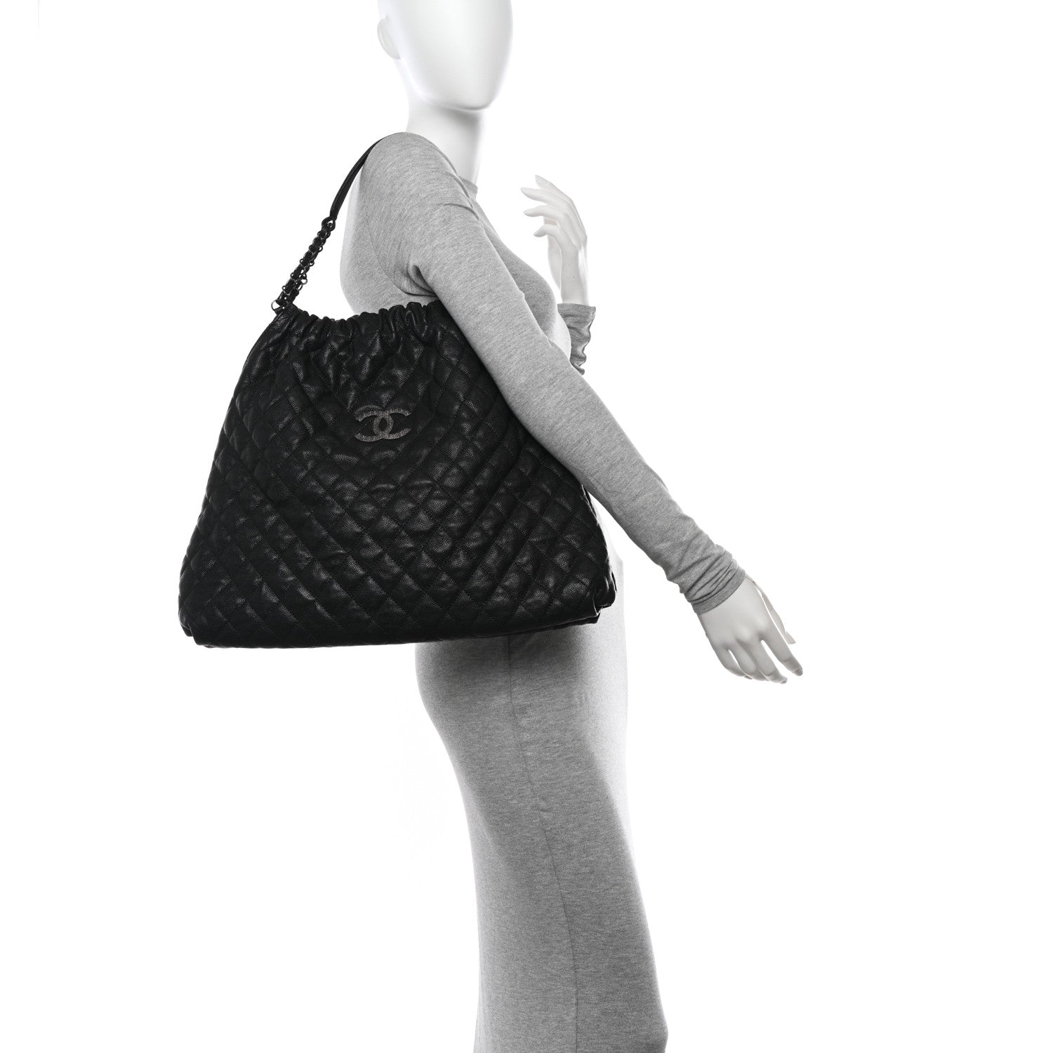 Chanel Distressed Glazed Caviar Quilted Large Elastic Tote Black 2 of 10