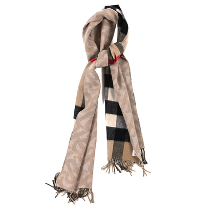 Burberry Cashmere Half Mega Check Monogram TB Reversible Fringe Scarf Alabaster 1 of 4