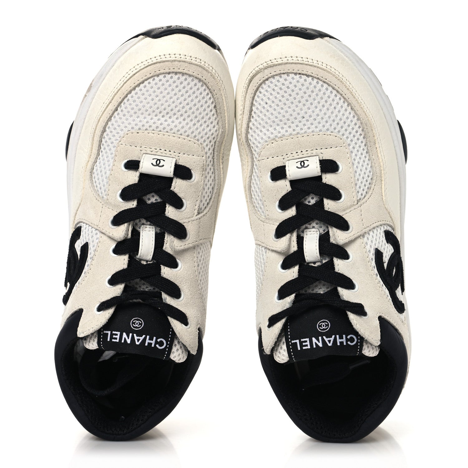 Chanel Mesh Suede Calfskin Grained Calfskin Womens CC Sneakers 37.5 White Black 2 of 8