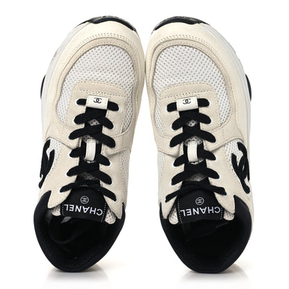 Chanel Mesh Suede Calfskin Grained Calfskin Womens CC Sneakers 37.5 White Black 2 of 8