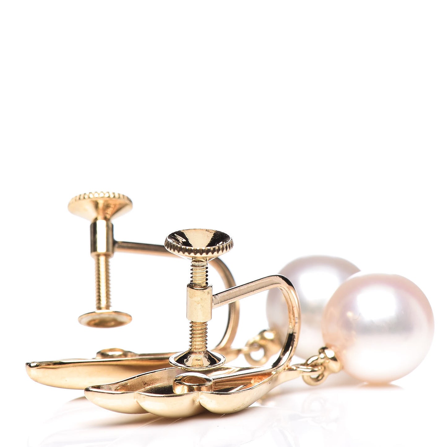 18K Yellow Gold Akoya Pearl 7-7.5mm Leaf Drop Screw-Back Earrings