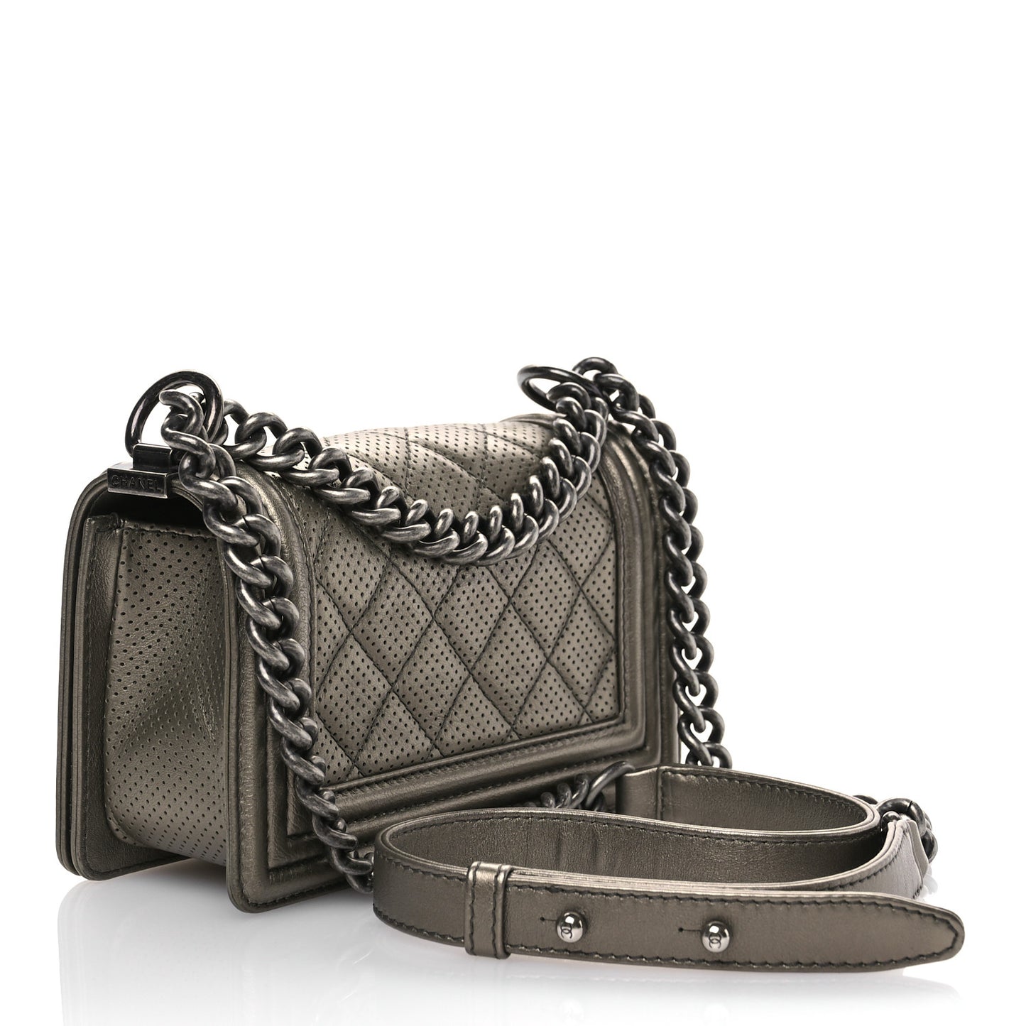 Metallic Lambskin Perforated Small Boy Flap Dark Silver