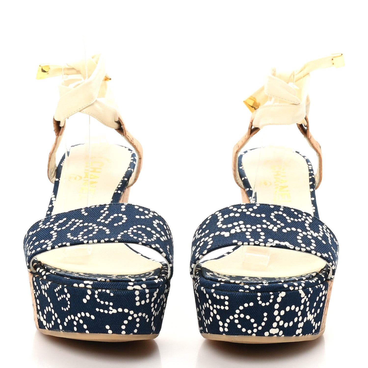 Chanel Canvas Lambskin Cork CC Wedge Sandals Navy Blue 3 of 9