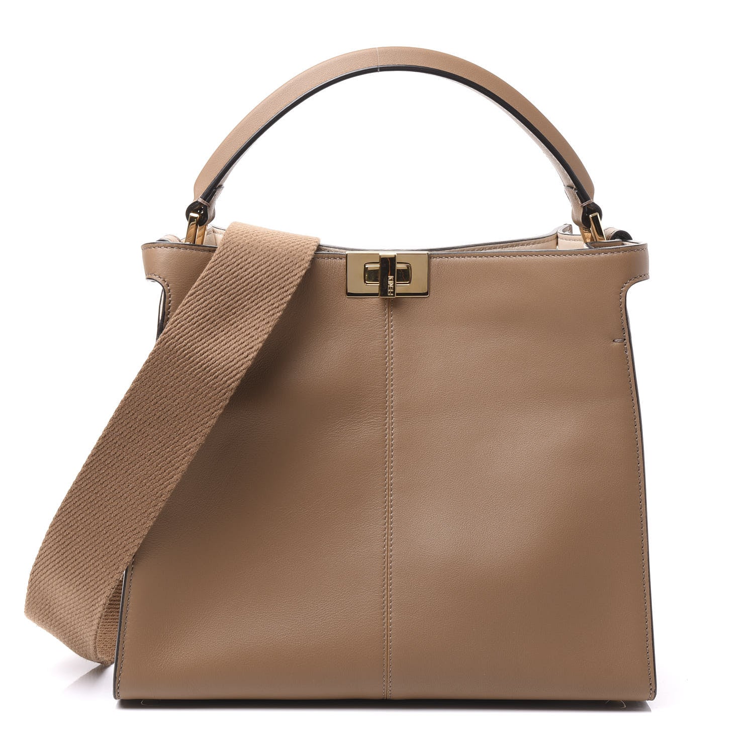 Fendi Vitello Seta Glazed Fabric FF 1974 Medium Peekaboo X-Lite Sand Mogano Panna 1 of 9