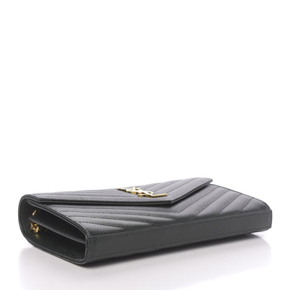 Saint Laurent Grain De Poudre Matelasse Chevron Monogram Chain Wallet Dark Green 4 of 11