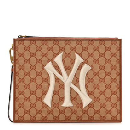 Gucci X MLB GG Monogram NY Yankees Zip Wristlet Pouch Beige Ruggine Ivory 1 of 7