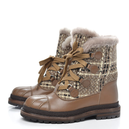 Chanel Tweed Shearling Lace Up Short Boots 35 Beige 3 of 9