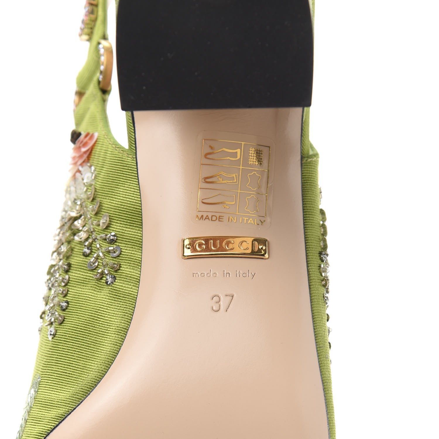 Gucci Moire Fabric Eyes Crystal Square G Madelyn Slingbacks 37 Lemon Leaf 8 of 10
