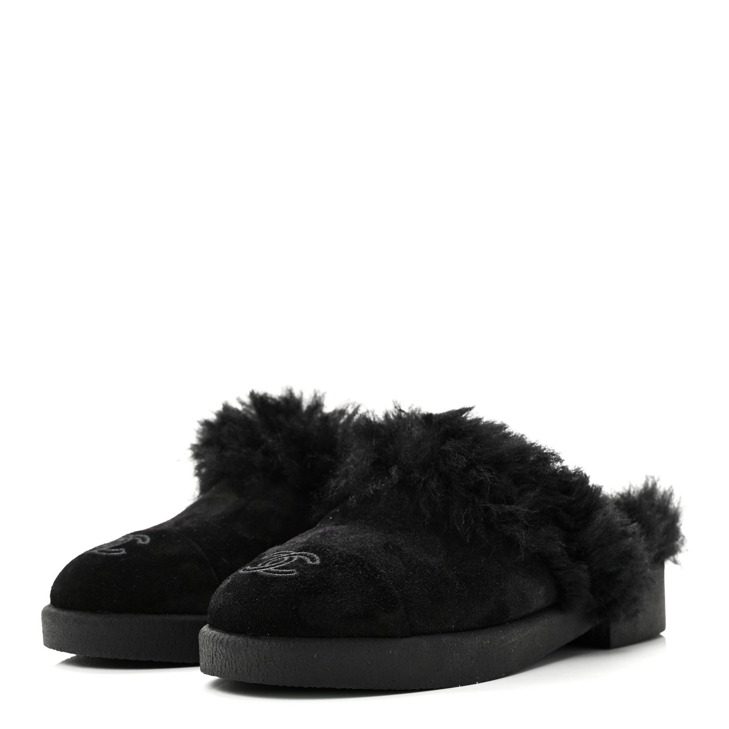 Suede Shearling CC Cap Toe Mules 36 Black