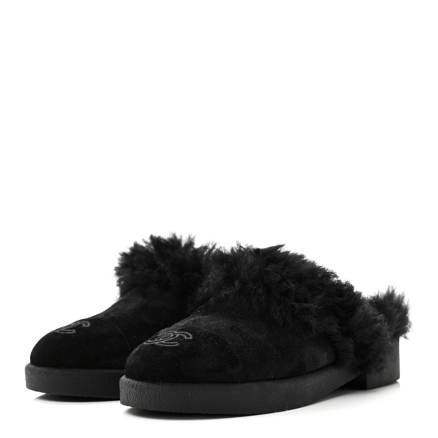Chanel Suede Shearling CC Cap Toe Mules 36 Black 4 of 10