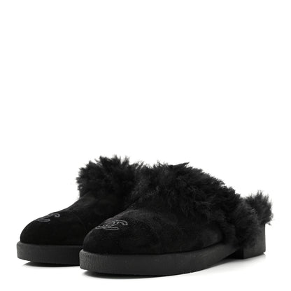 Chanel Suede Shearling CC Cap Toe Mules 36 Black 4 of 10
