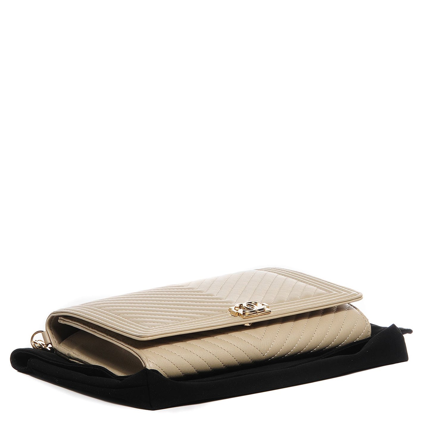 Calfskin Chevron Boy Wallet On Removable Chain WOC Beige Clair