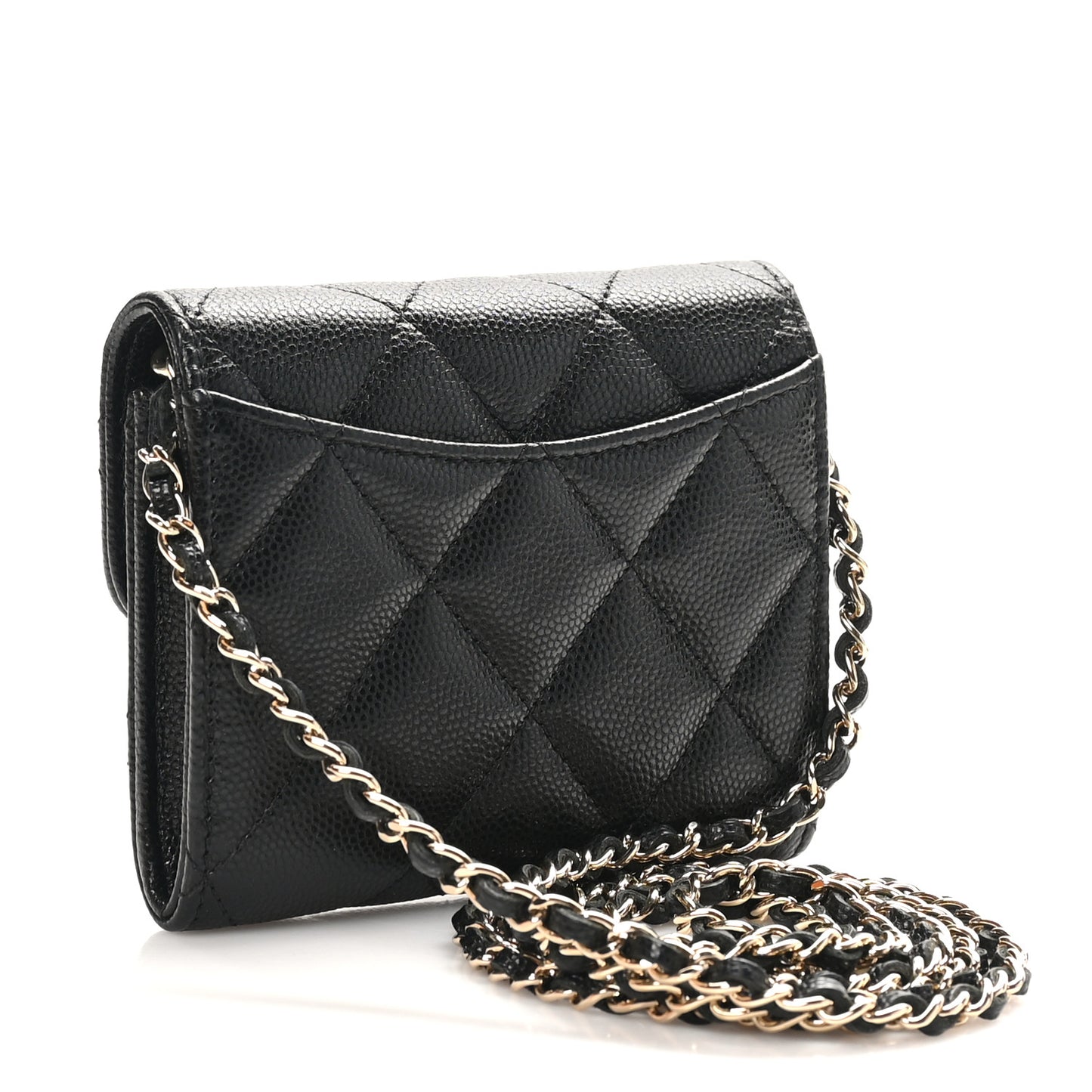 Caviar Quilted Flap Card Holder On Chain Black