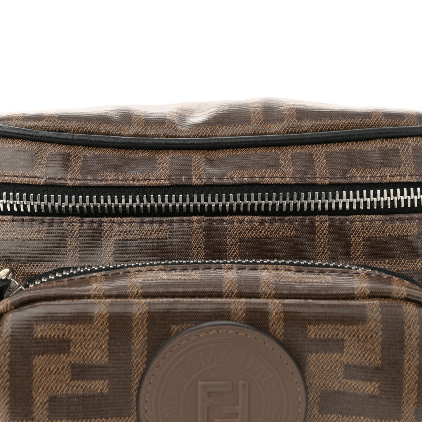 Glazed Fabric Vitello Century FF 1974 Stamp Patch Mens Pocket Belt Bag Mogano Panna Black