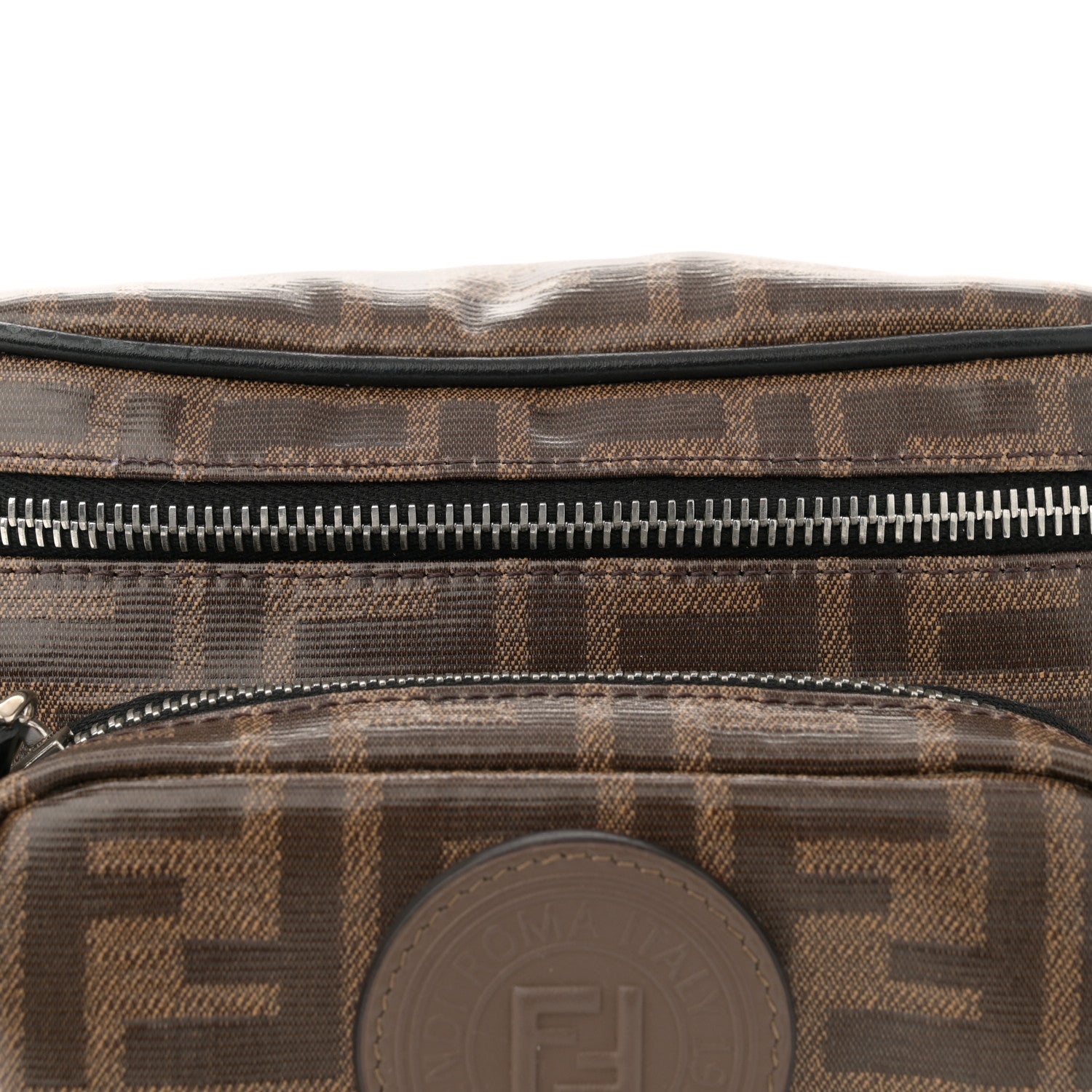Fendi Glazed Fabric Vitello Century FF 1974 Stamp Patch Mens Pocket Belt Bag Mogano Panna Black 8 of 10