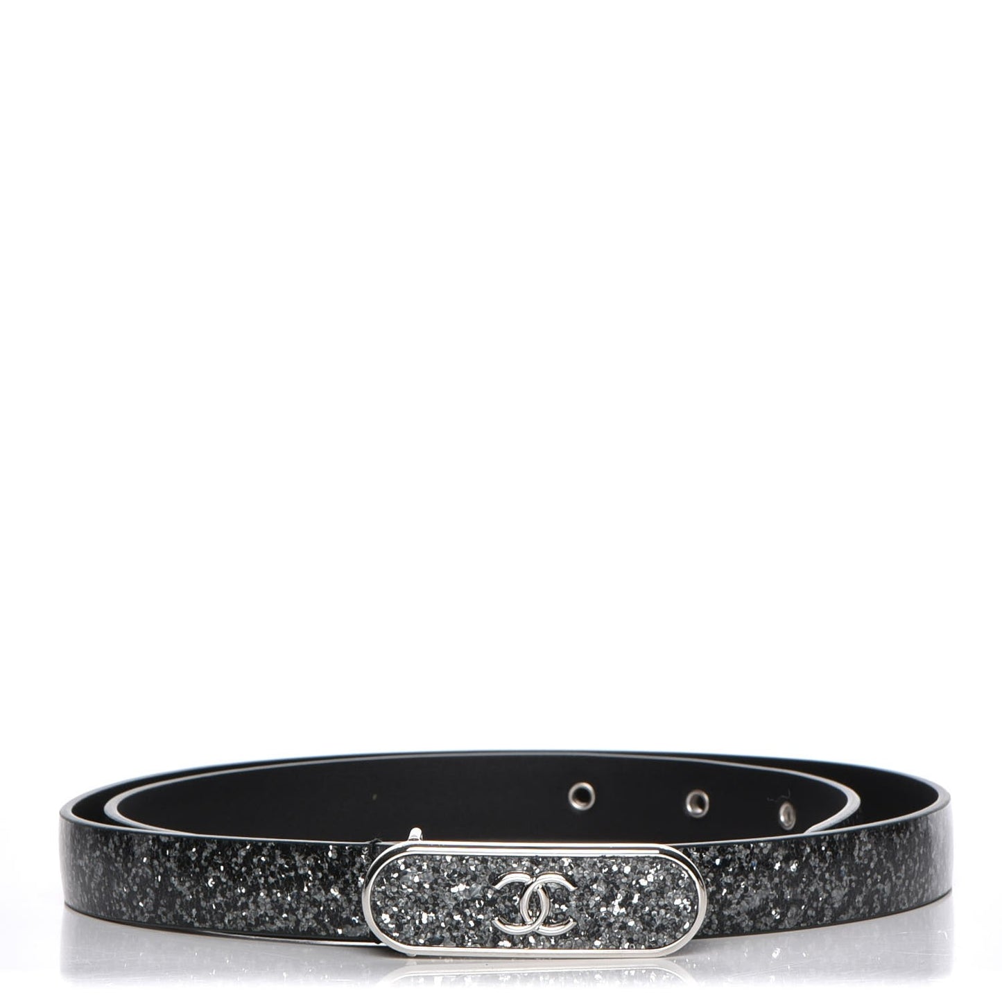 Glitter Calfskin CC Logo Skinny Belt 80 32 Silver