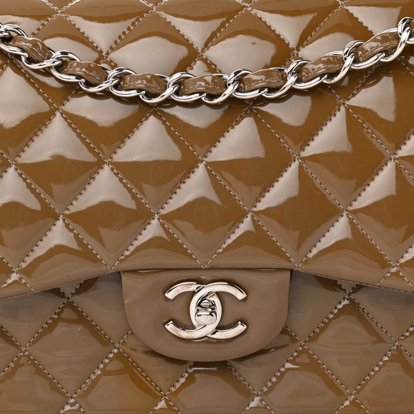 Patent Calfskin Quilted Jumbo Double Flap Grey