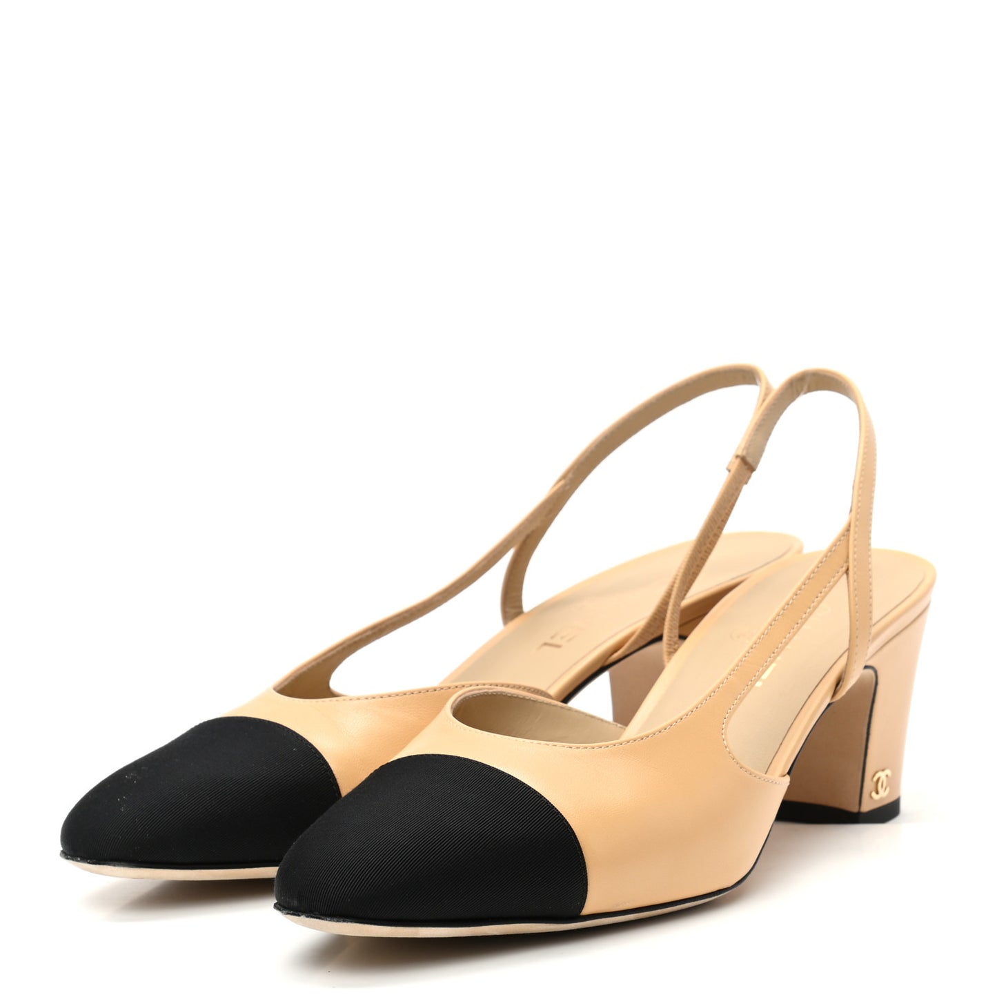 Goatskin Grosgrain Cap Toe CC Slingback Pumps 41 Beige Black