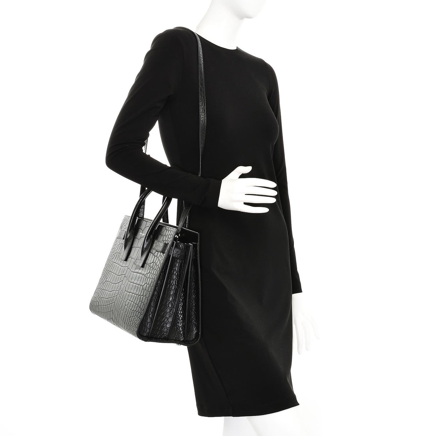 Calfskin Crocodile Embossed Small Sac de Jour Black