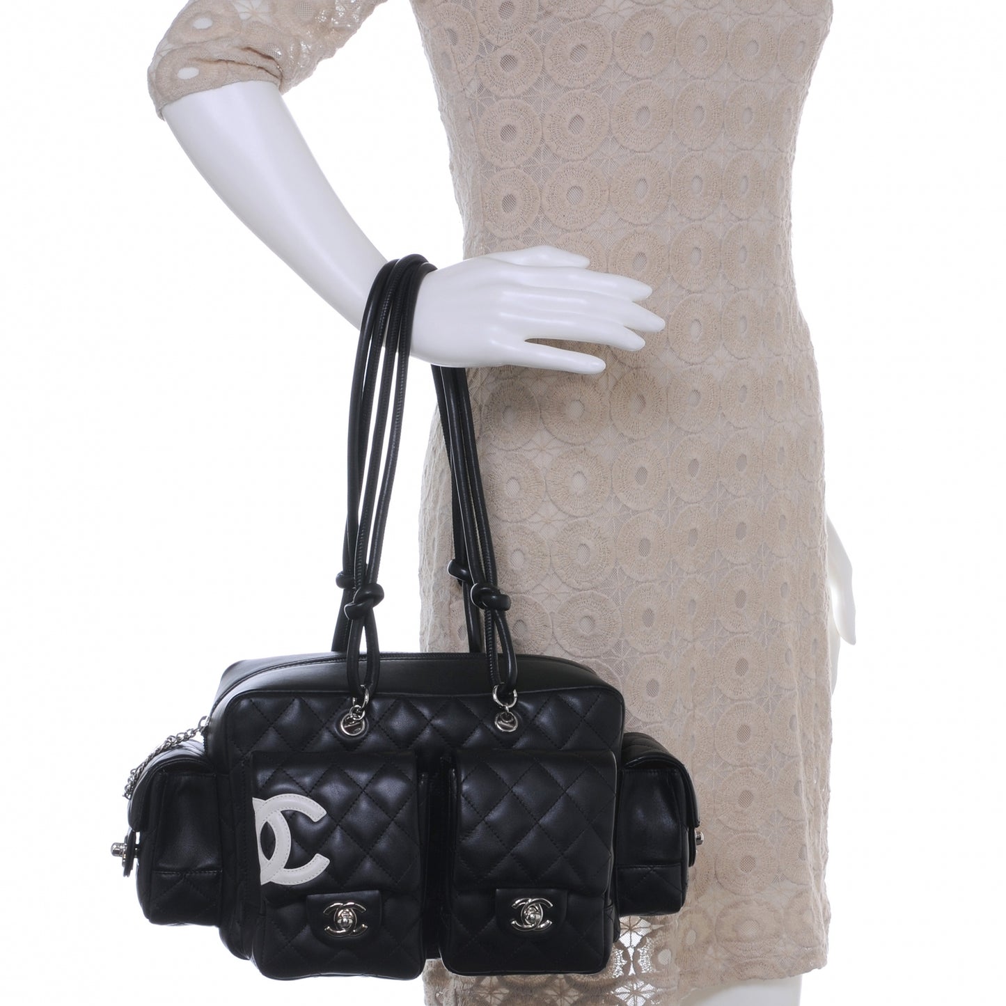 Calfskin Quilted Small Cambon Multipocket Reporter Black
