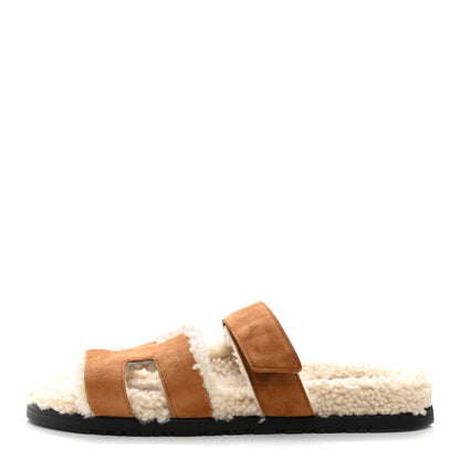 Hermes Suede Goatskin Woolskin Womens Chypre Sandals 41 Golden Beige 1 of 7