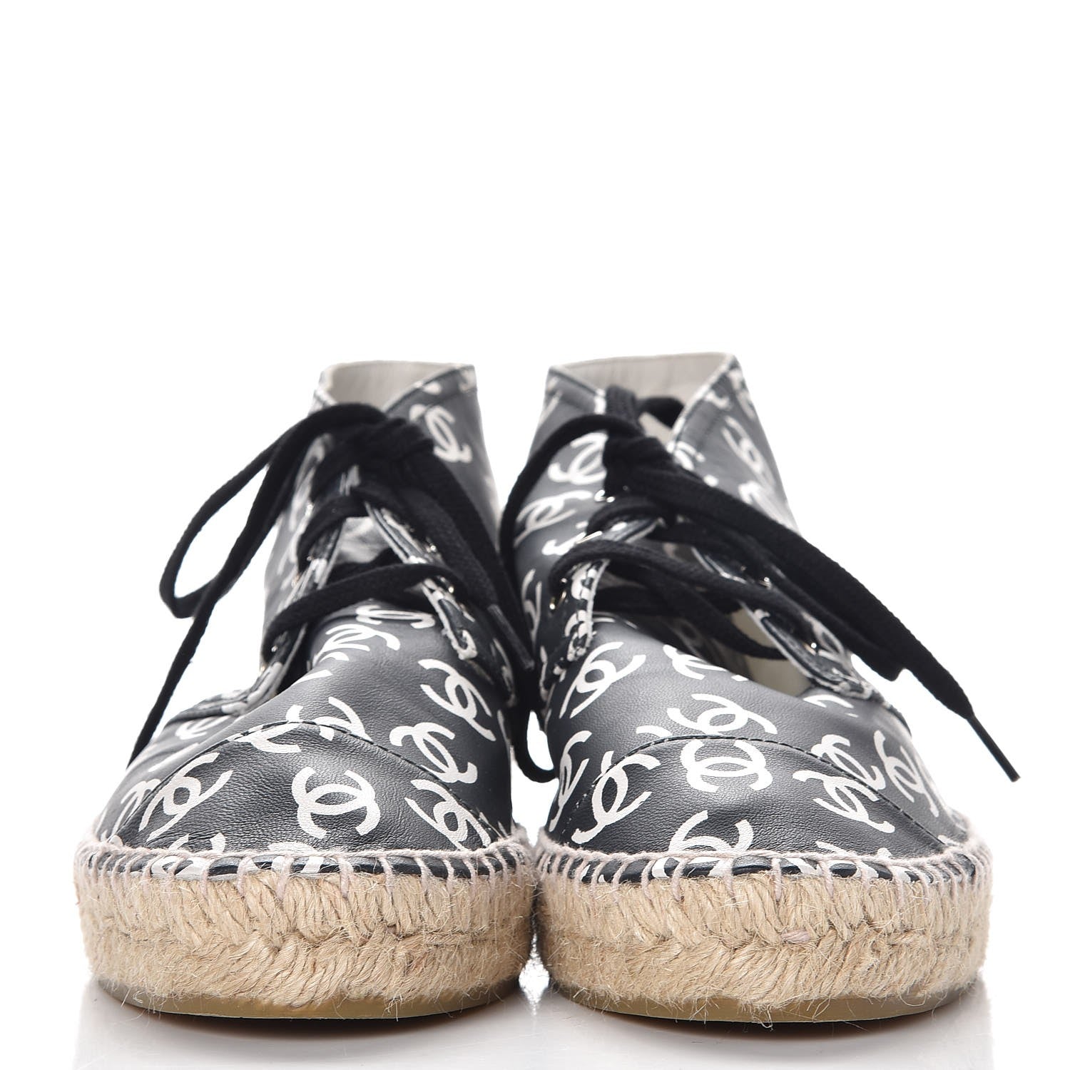 Chanel Lambskin Printed CC Lace Up Espadrilles 38 Black White 3 of 10