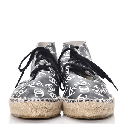 Chanel Lambskin Printed CC Lace Up Espadrilles 38 Black White 3 of 10