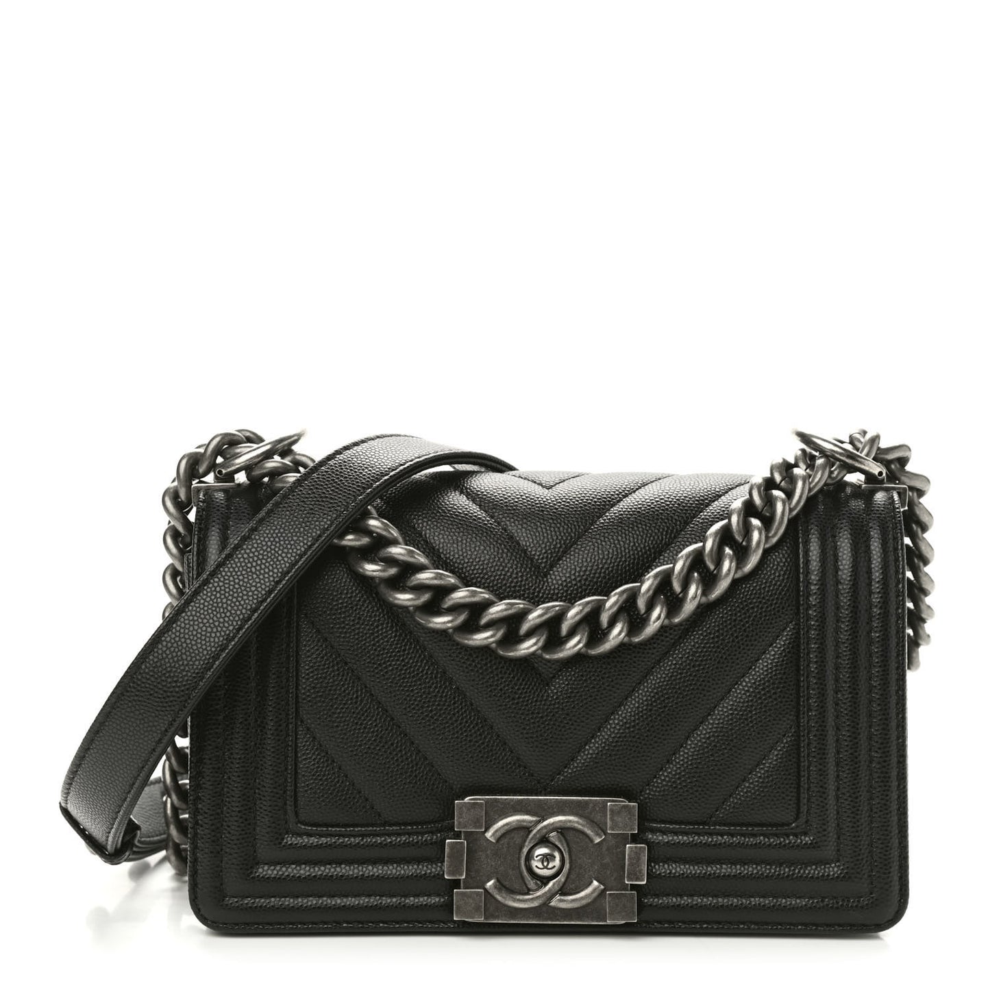 Caviar Chevron Quilted Small Boy Flap Black