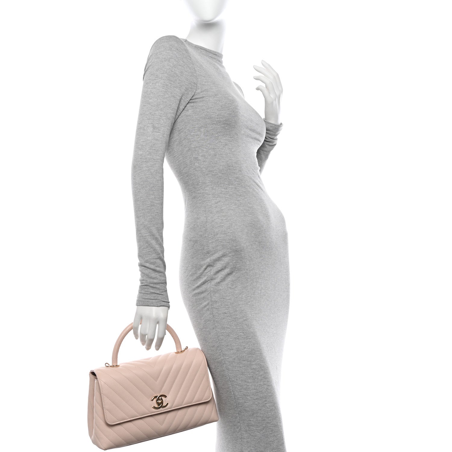 Chanel Lizard Embossed Caviar Chevron Quilted Small Coco Handle Flap Beige 3 of 17