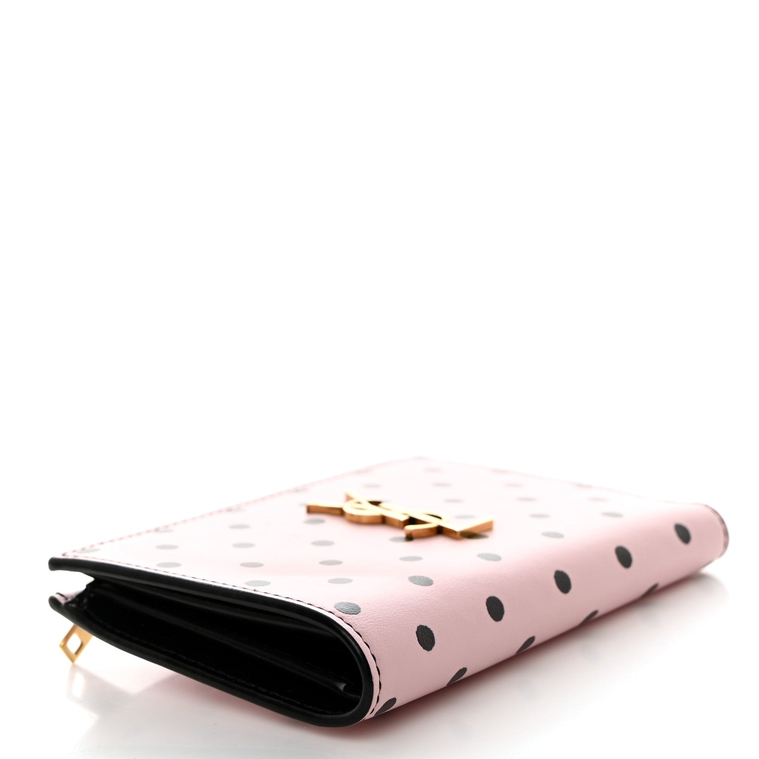 Saint Laurent Calfskin Polka Dot Monogram Bi Fold Zipped Wallet Pink Black 4 of 7