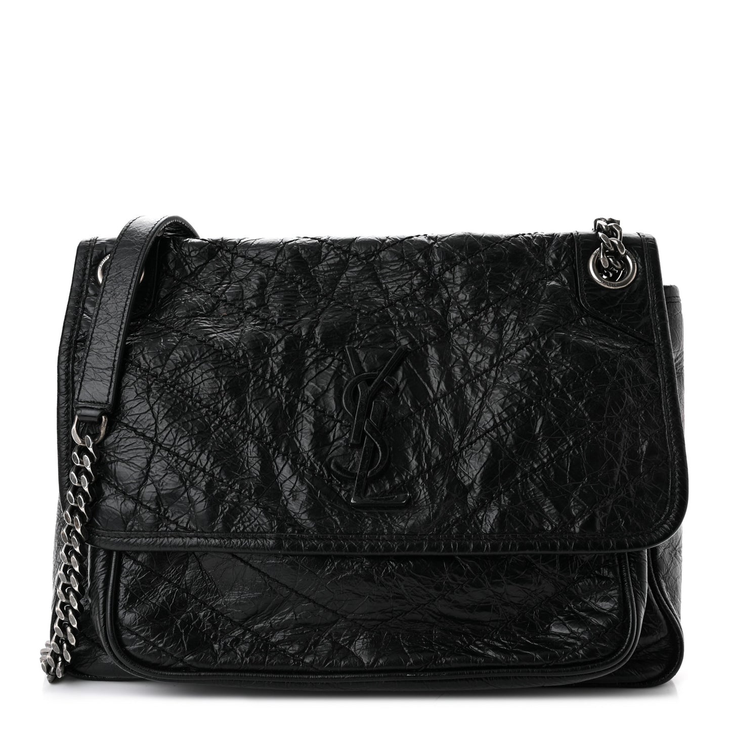 Crinkled Calfskin Matelasse Monogram Medium Niki Chain Satchel Black