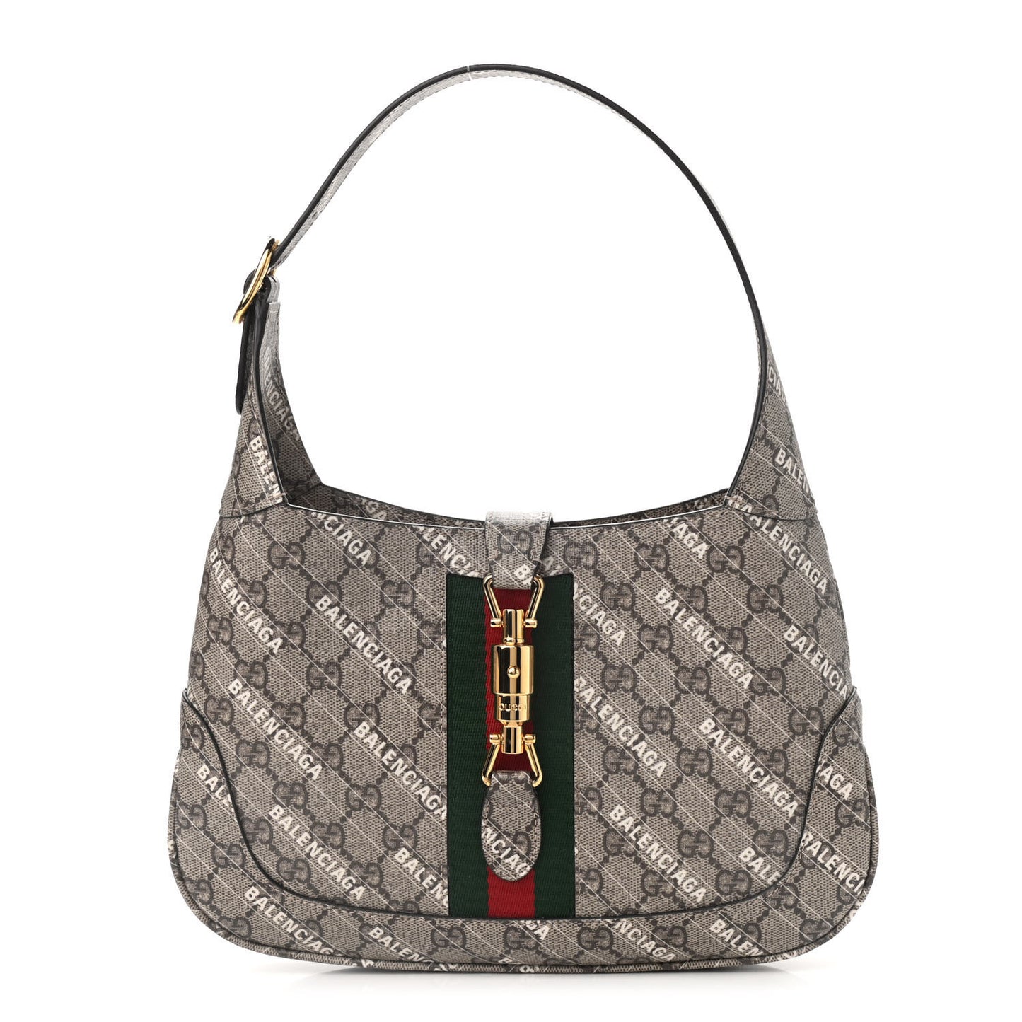 X BALENCIAGA GG Supreme Monogram Striped Logo Print Web Small Jackie 1961 Hobo Beige Ebony Mystic White