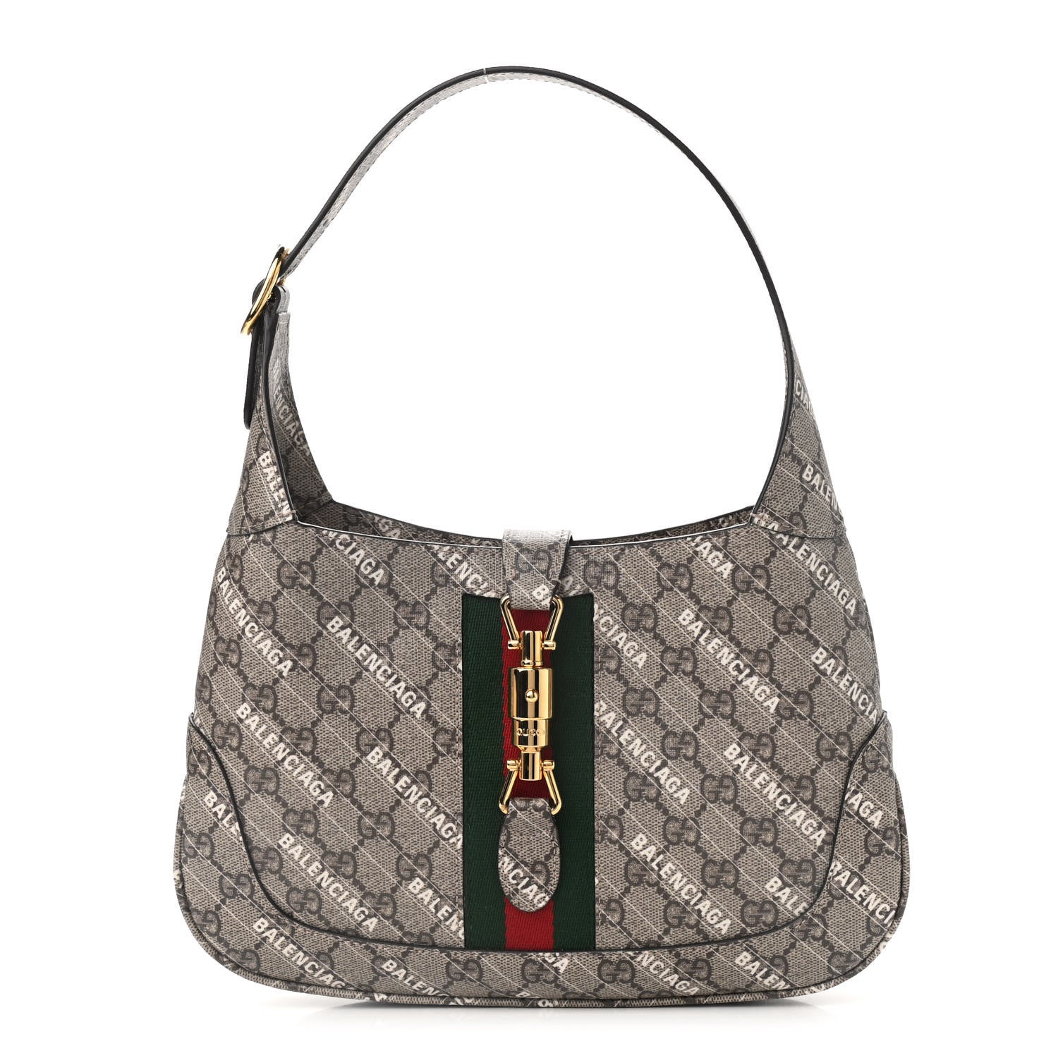 Gucci X BALENCIAGA GG Supreme Monogram Striped Logo Print Web Small Jackie 1961 Hobo Beige Ebony Mystic White 1 of 10
