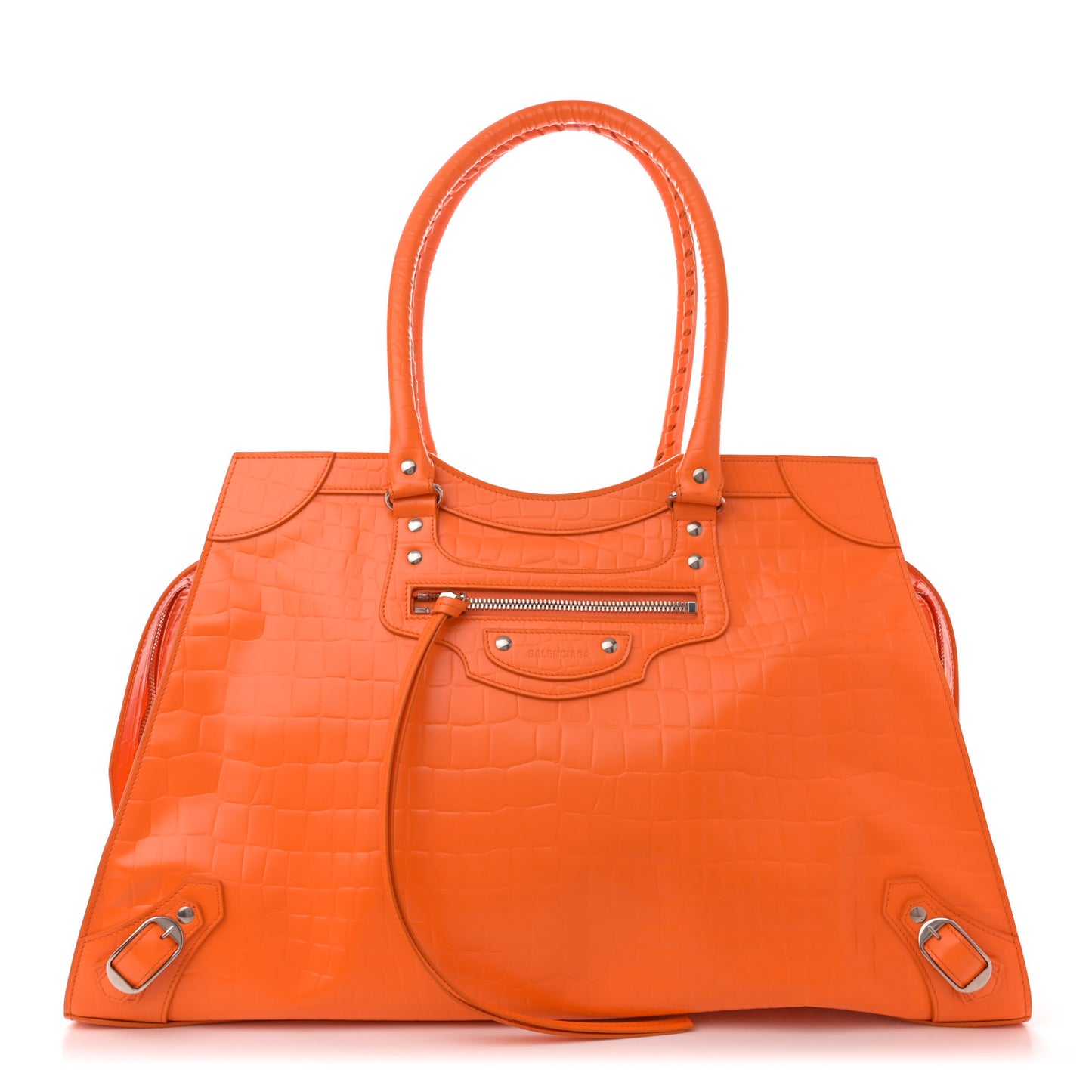 Semi Shiny Calfskin Crocodile Embossed Neo Classic Silver Hardware Large Top Handle Bag Orange