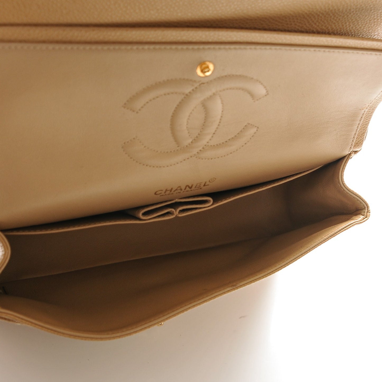 Caviar Quilted Medium Double Flap Beige