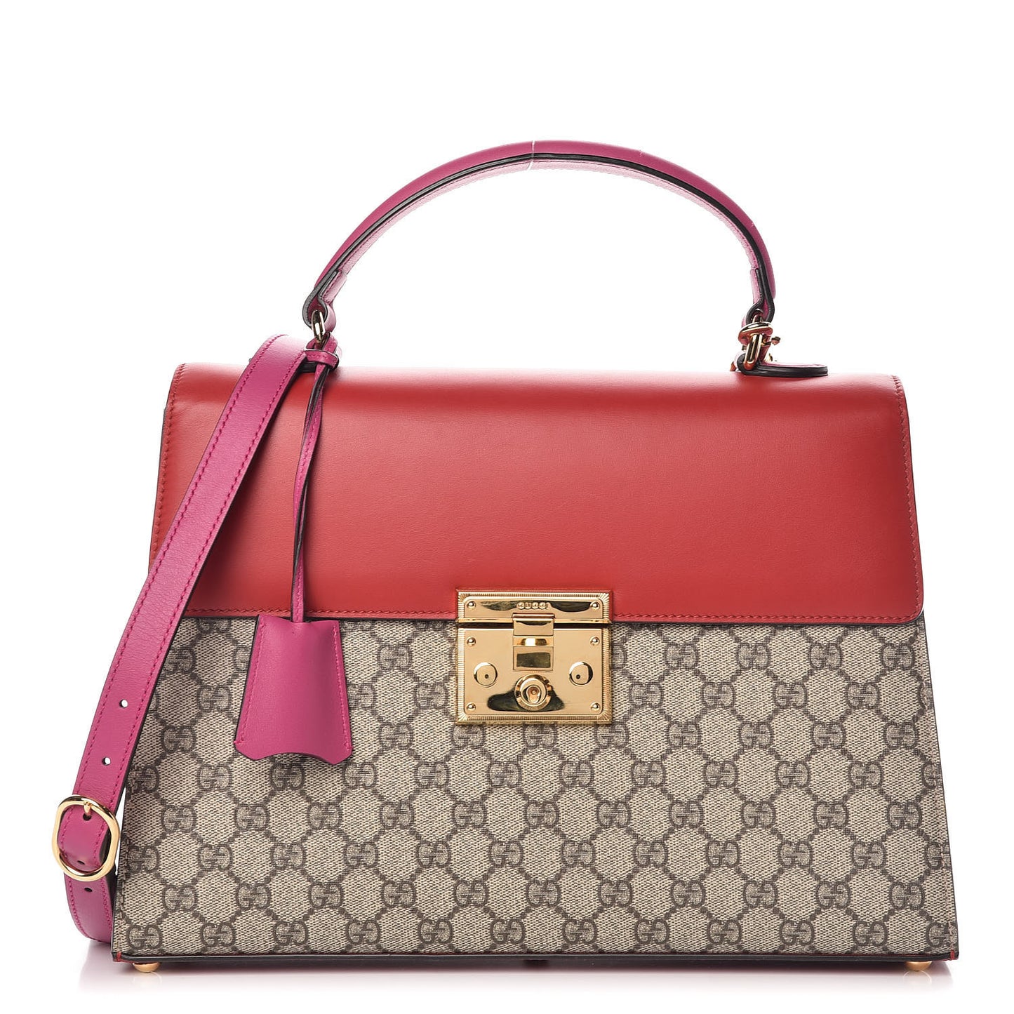 GG Supreme Monogram Calfskin Medium Padlock Top Handle Bag Beige Hibiscus Red New Rosette