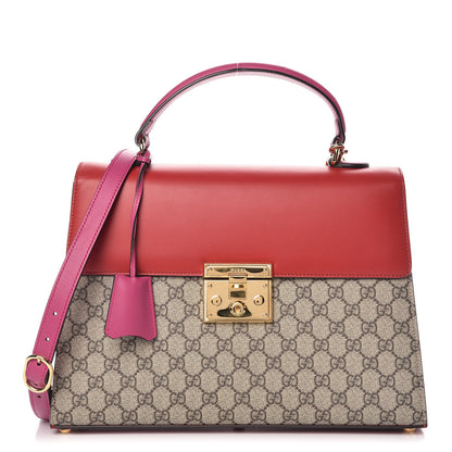 Gucci GG Supreme Monogram Calfskin Medium Padlock Top Handle Bag Beige Hibiscus Red New Rosette 1 of 14