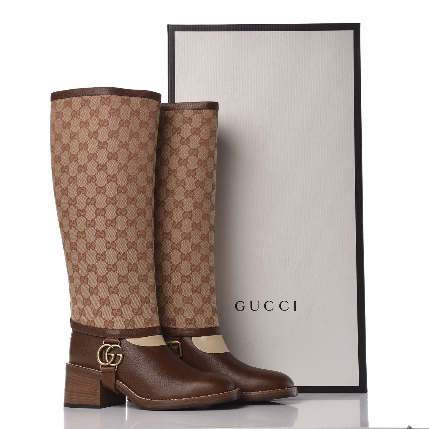 GG Monogram Calfskin Lola Tall Boots 38.5 Beige Ruggine Cuir