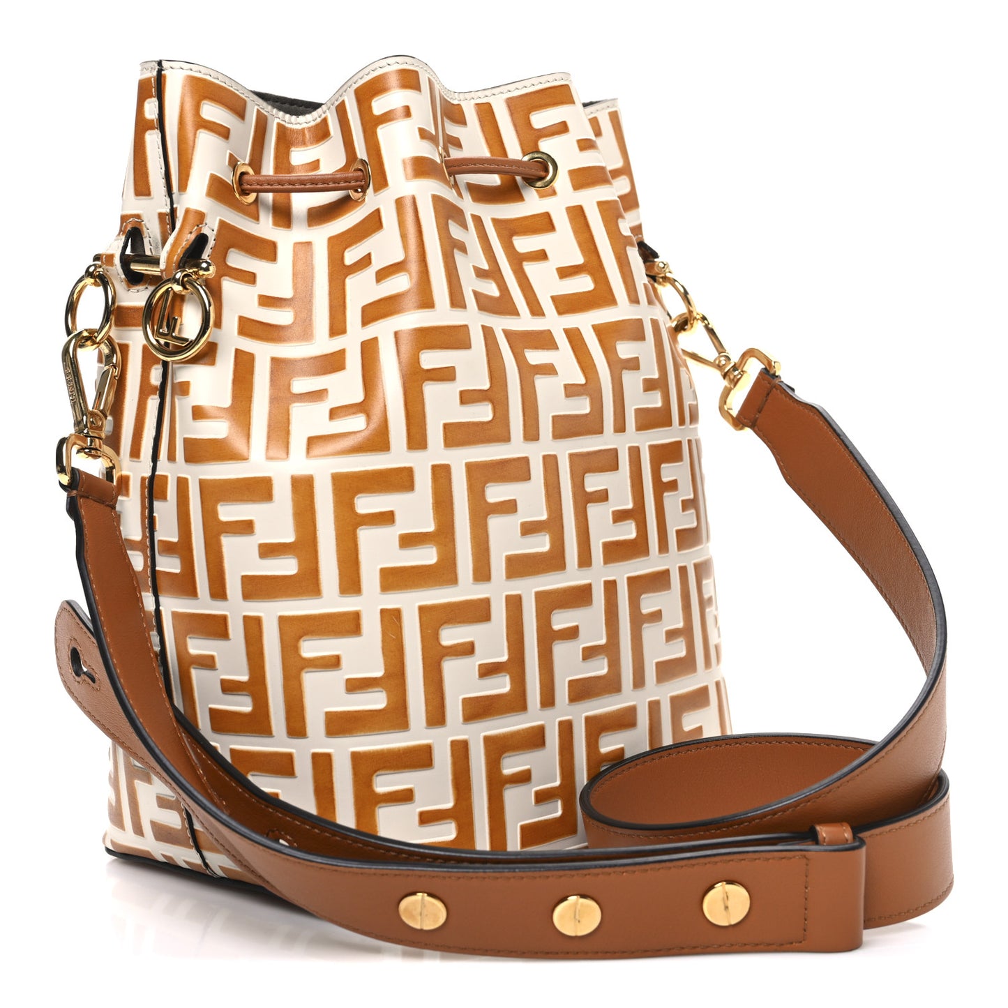 Vitello Grace F is Fendi Bi-Color FF 1974 Embossed Grande Mon Tresor Bucket Bag White Brown