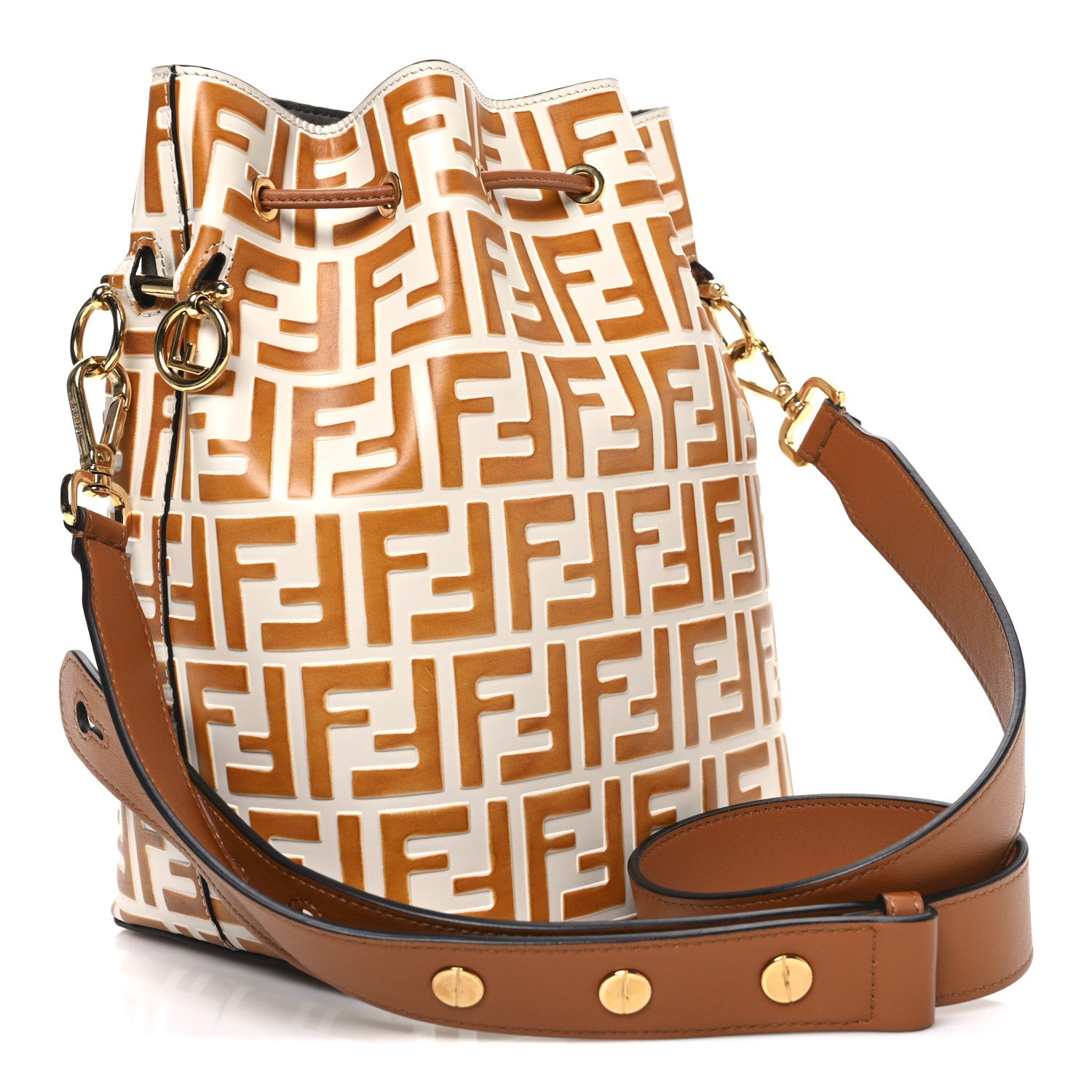 Fendi Vitello Grace F is Fendi Bi-Color FF 1974 Embossed Grande Mon Tresor Bucket Bag White Brown 3 of 10