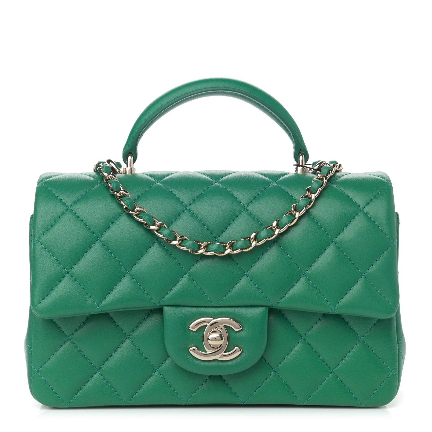 Lambskin Quilted Mini Top Handle Rectangular Flap Green