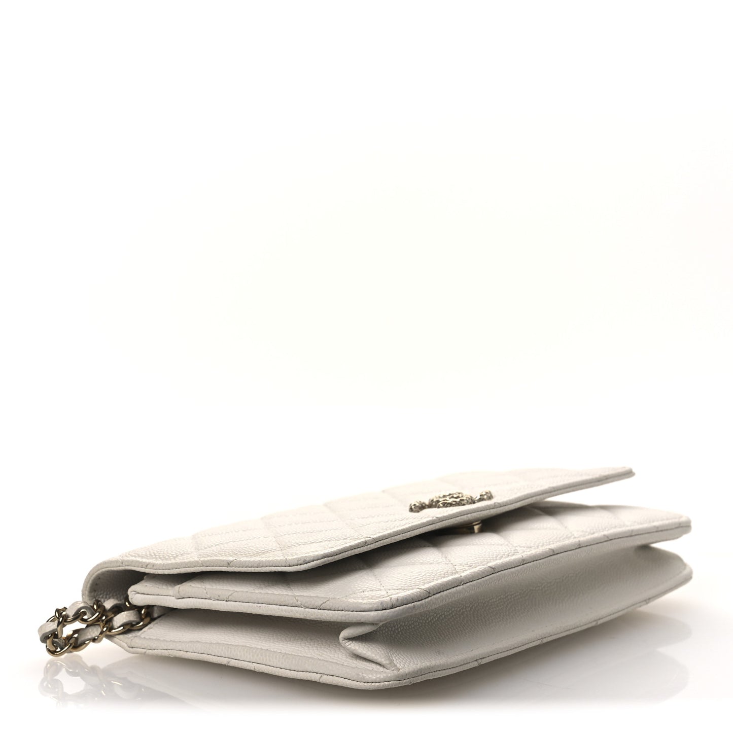 Caviar Quilted Perforated Metal CC Wallet On Chain WOC White