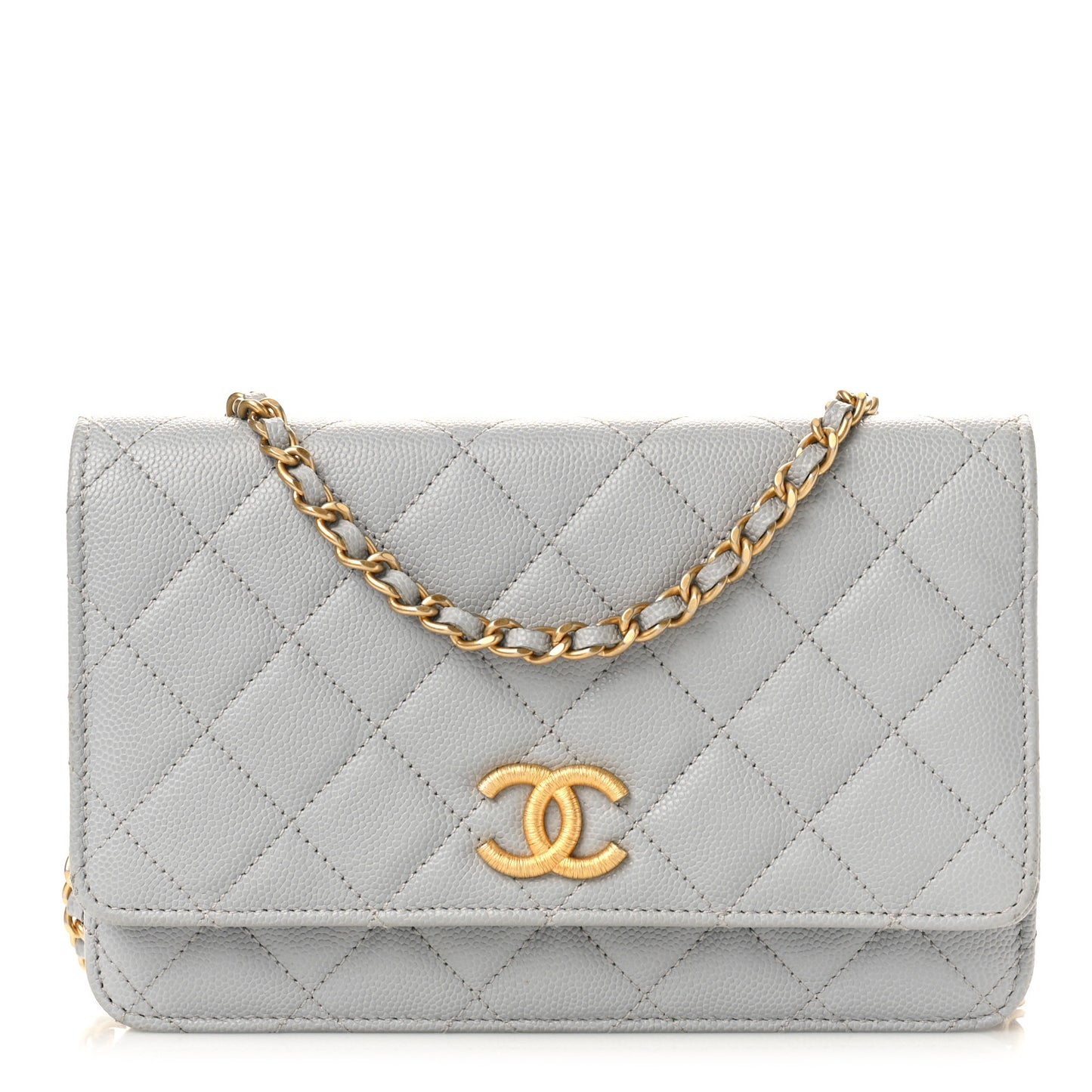 Caviar Quilted Textured CC Wallet on Chain WOC Grey