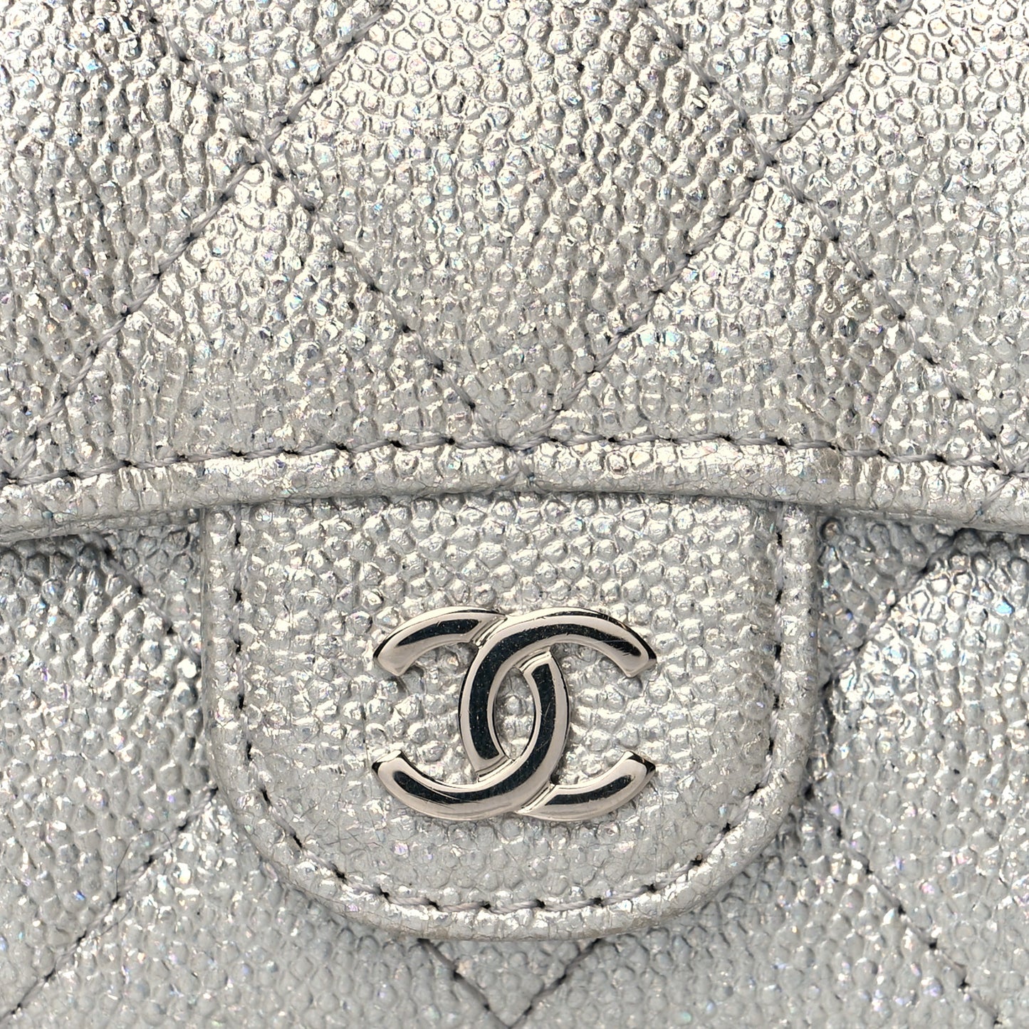 Glittered Metallic Caviar Quilted Flap Card Holder Wallet Silver