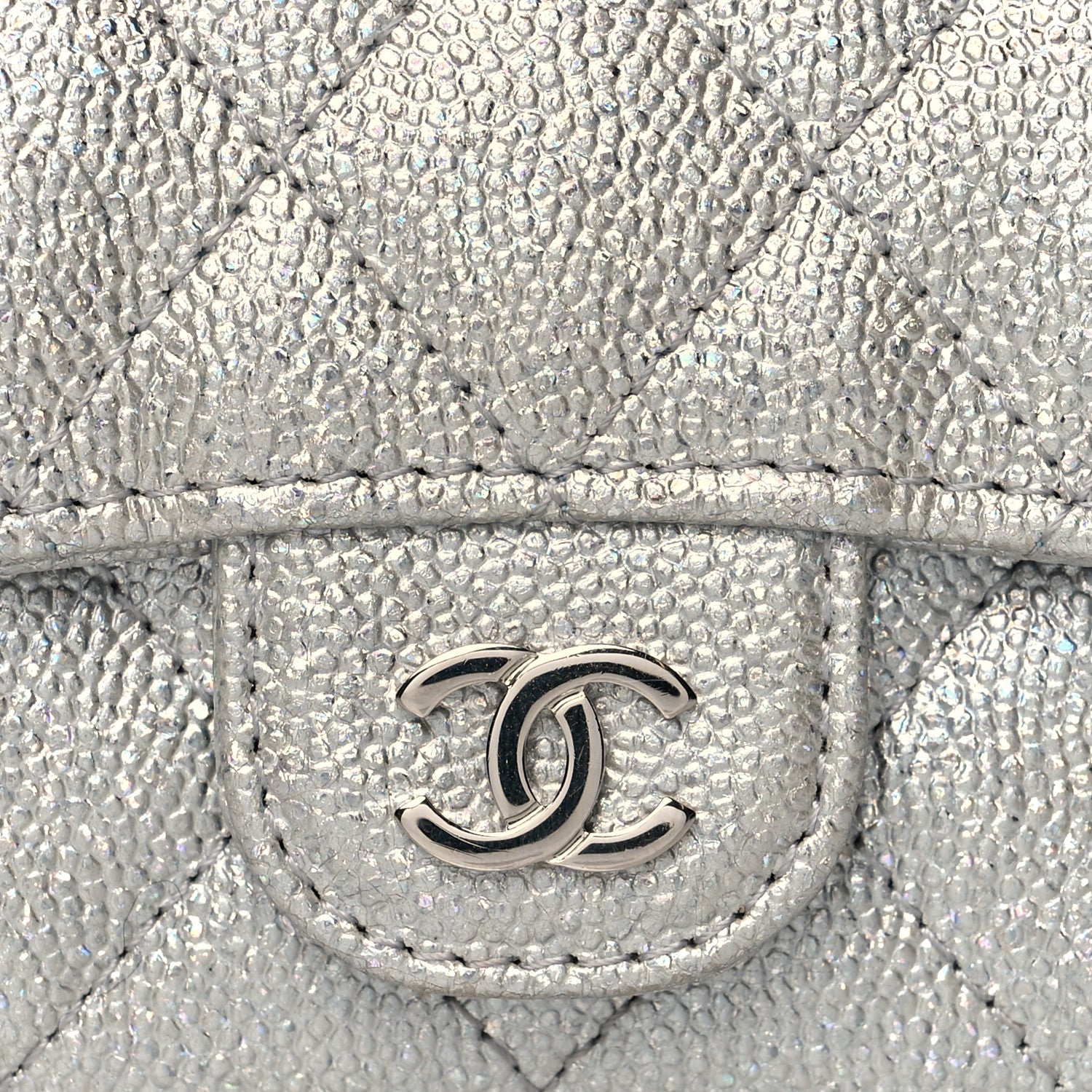 Chanel Glittered Metallic Caviar Quilted Flap Card Holder Wallet Silver 8 of 9