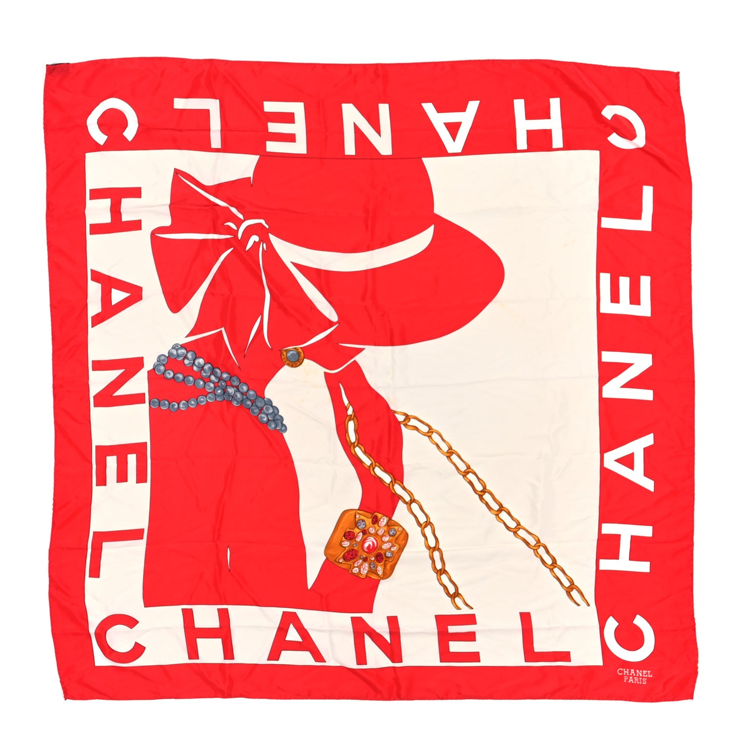 Silk Coco Chanel Square Scarf Red White