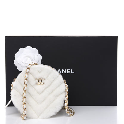 Chanel Fur Chevron Quilted Round Clutch With Chain White 10 of 10