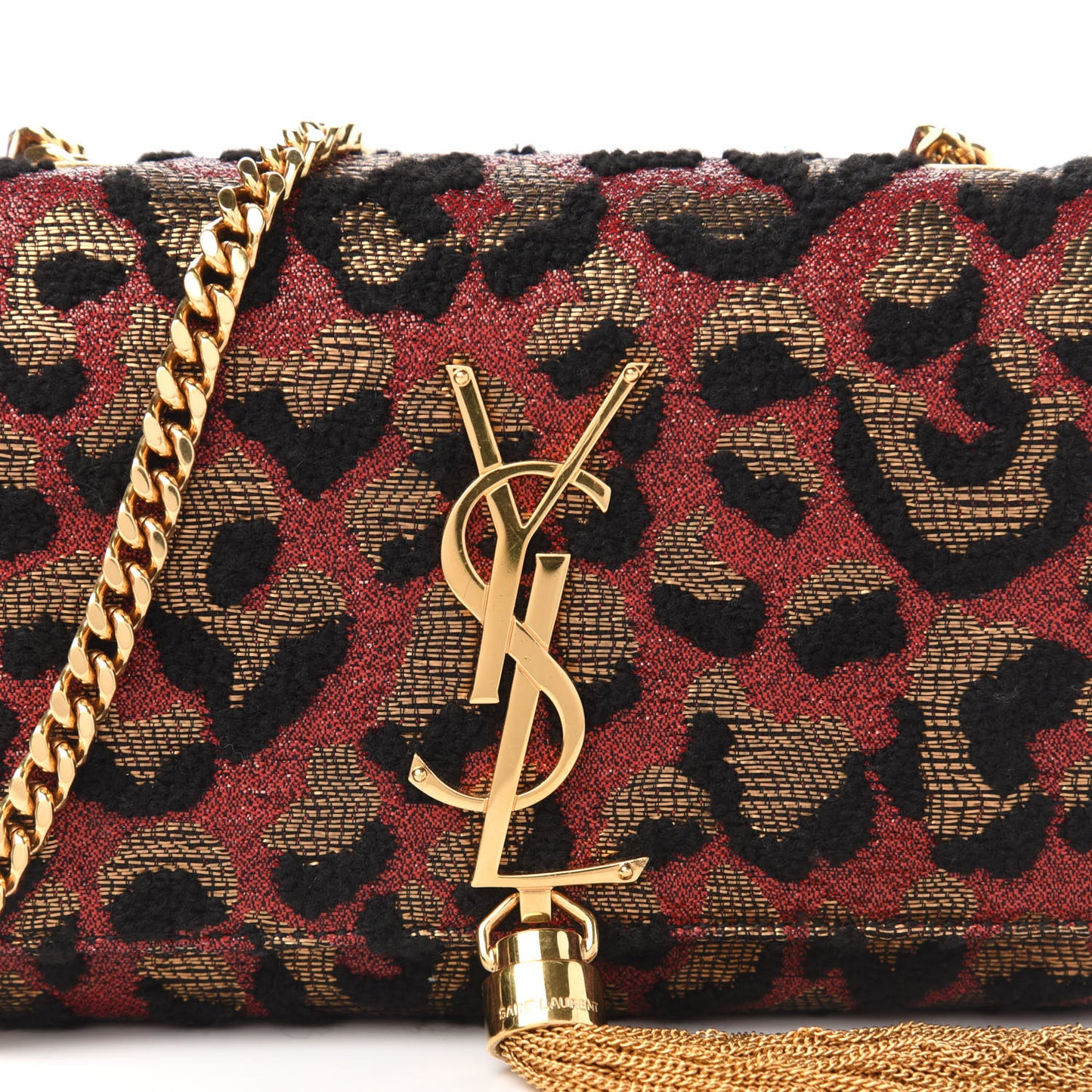 Glitter Jaquard Leopard Small Monogram Kate Tassel Satchel Red Black