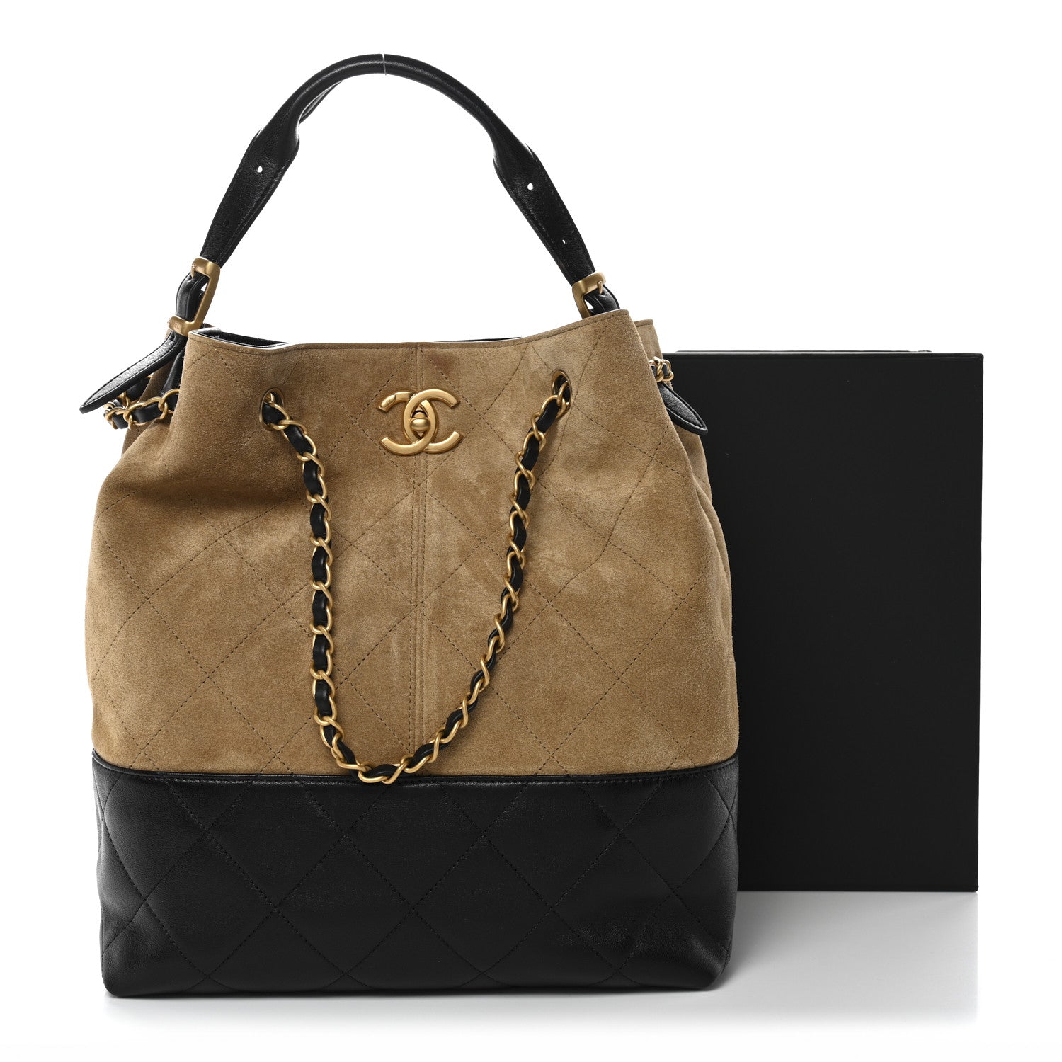 Chanel Suede Calfskin Shiny Lambskin Quilted Coco Base Shopping Bag Beige Black 11 of 11