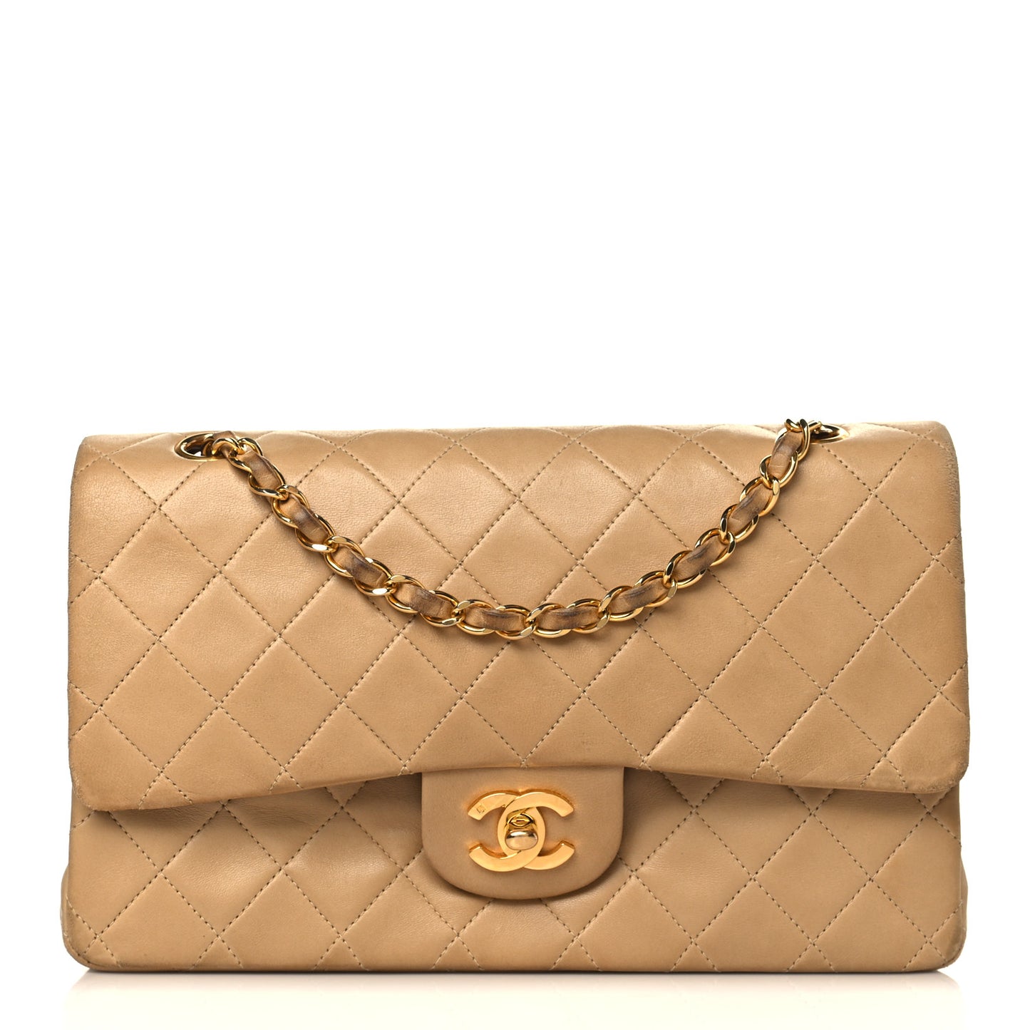 Lambskin Quilted Medium Double Flap Beige